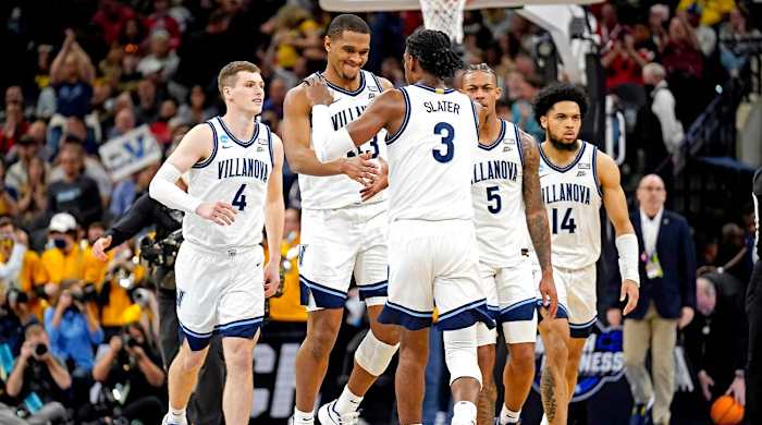 Mar 24, 2022; San Antonio, TX, USA; The Villanova Wildcats celebrates beating the Michigan Wolverines in the semifinals of the South regional of the men’s college basketball NCAA Tournament at AT&T Center